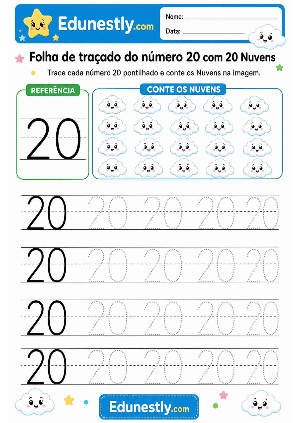 Folha de traçado do número 20 com 20 Nuvens