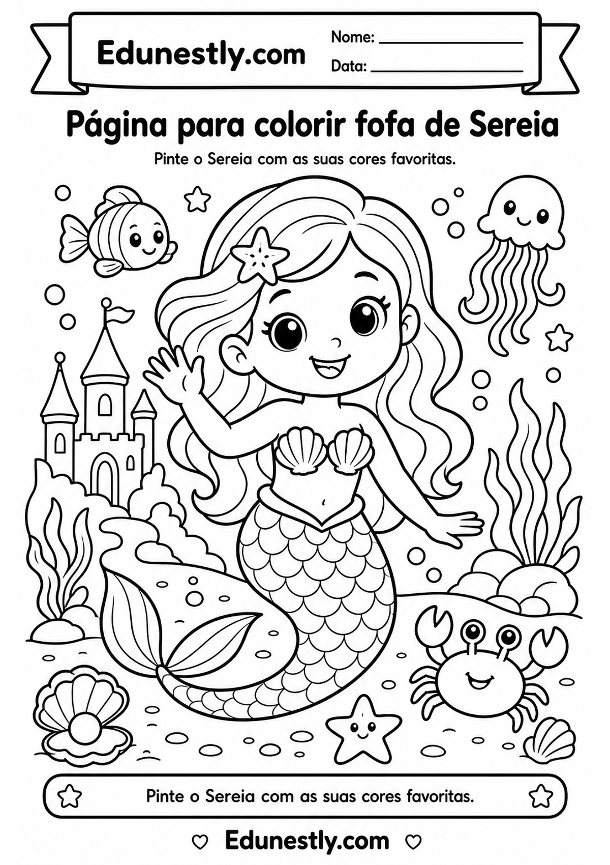 Página para colorir fofa de Sereia