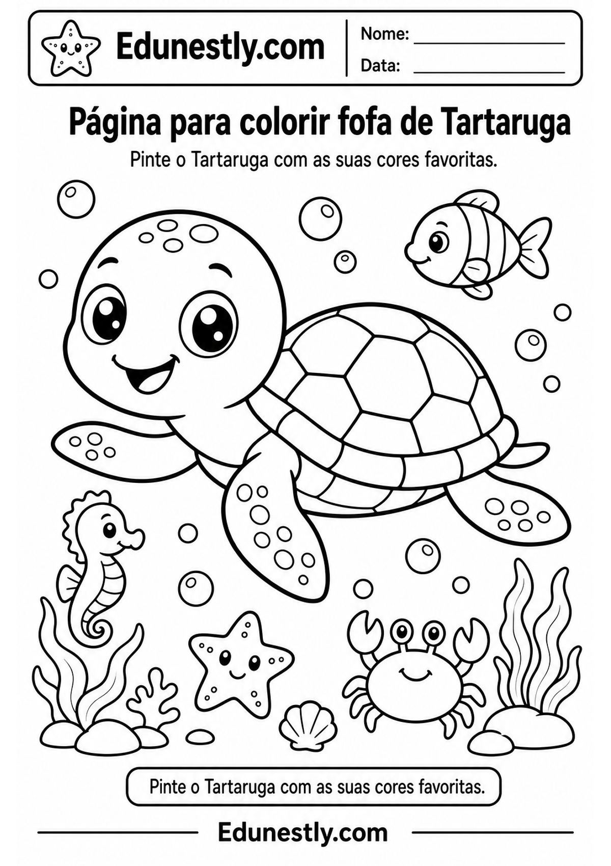Página para colorir fofa de Tartaruga