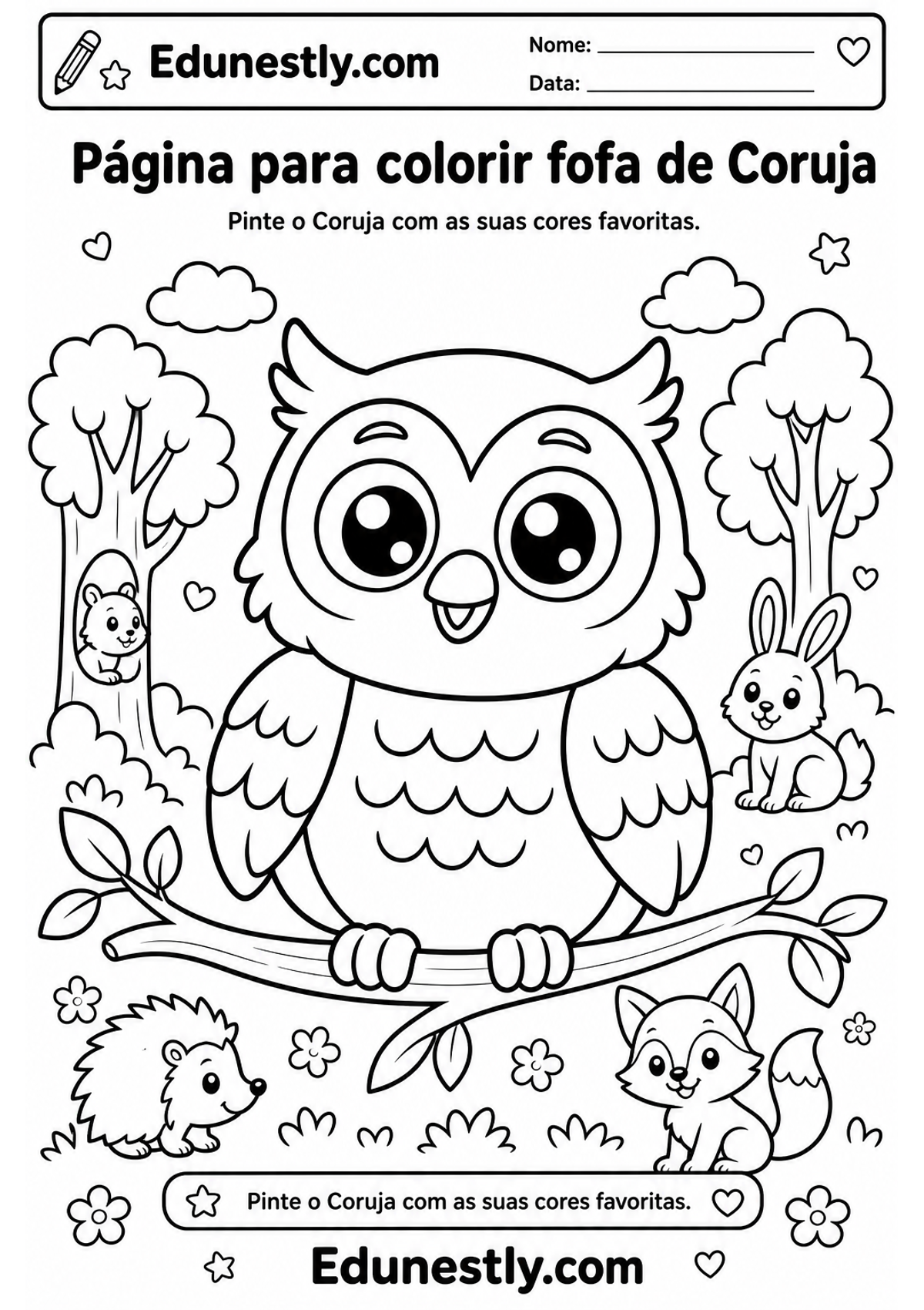 Página para colorir fofa de Coruja