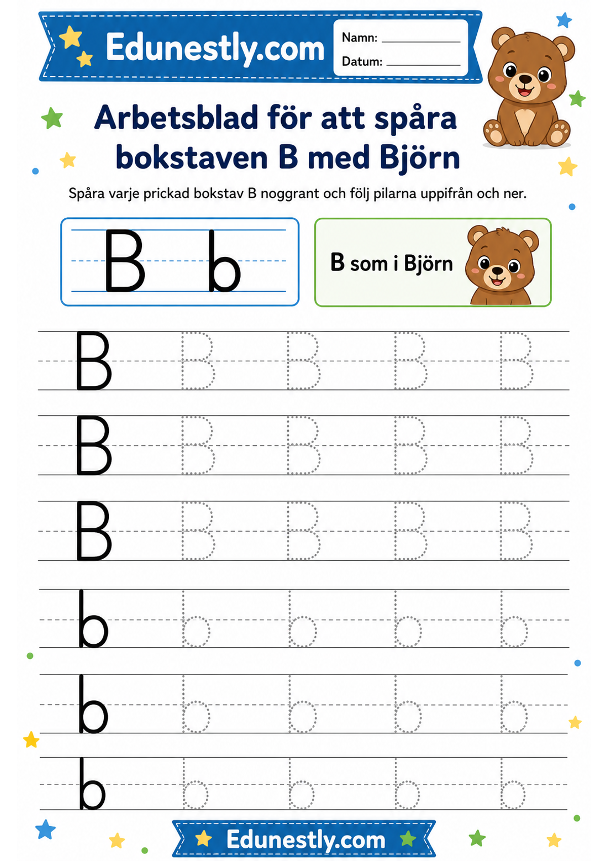 Arbetsblad för att spåra bokstaven B med Björn