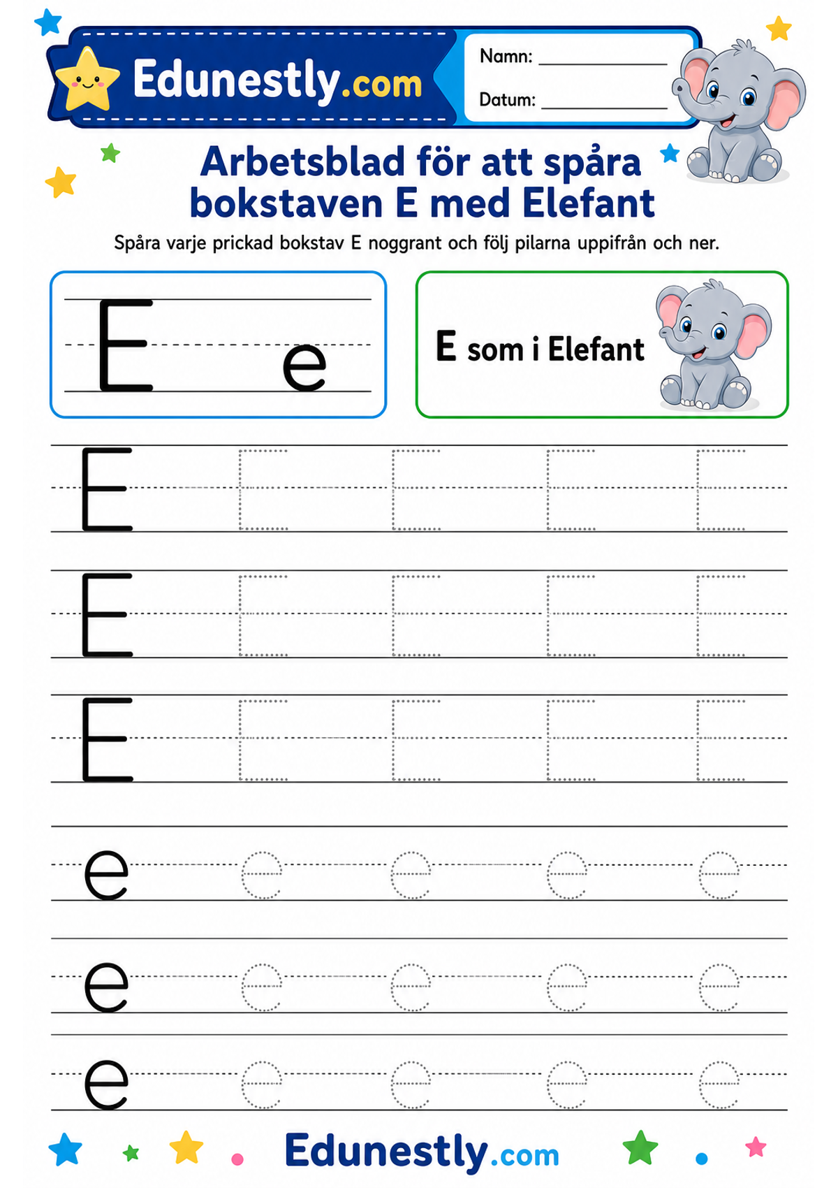 Arbetsblad för att spåra bokstaven E med Elefant
