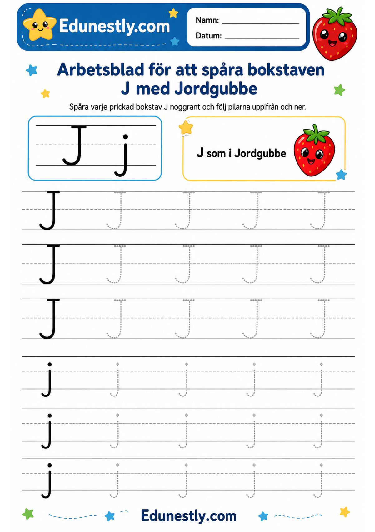 Arbetsblad för att spåra bokstaven J med Jordgubbe