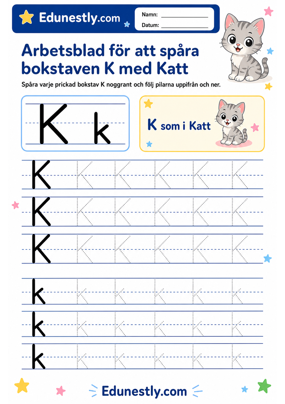 Arbetsblad för att spåra bokstaven K med Katt