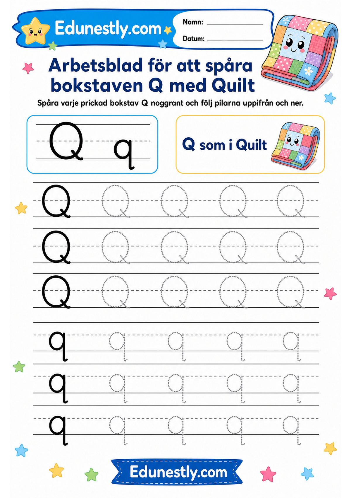 Arbetsblad för att spåra bokstaven Q med Quilt