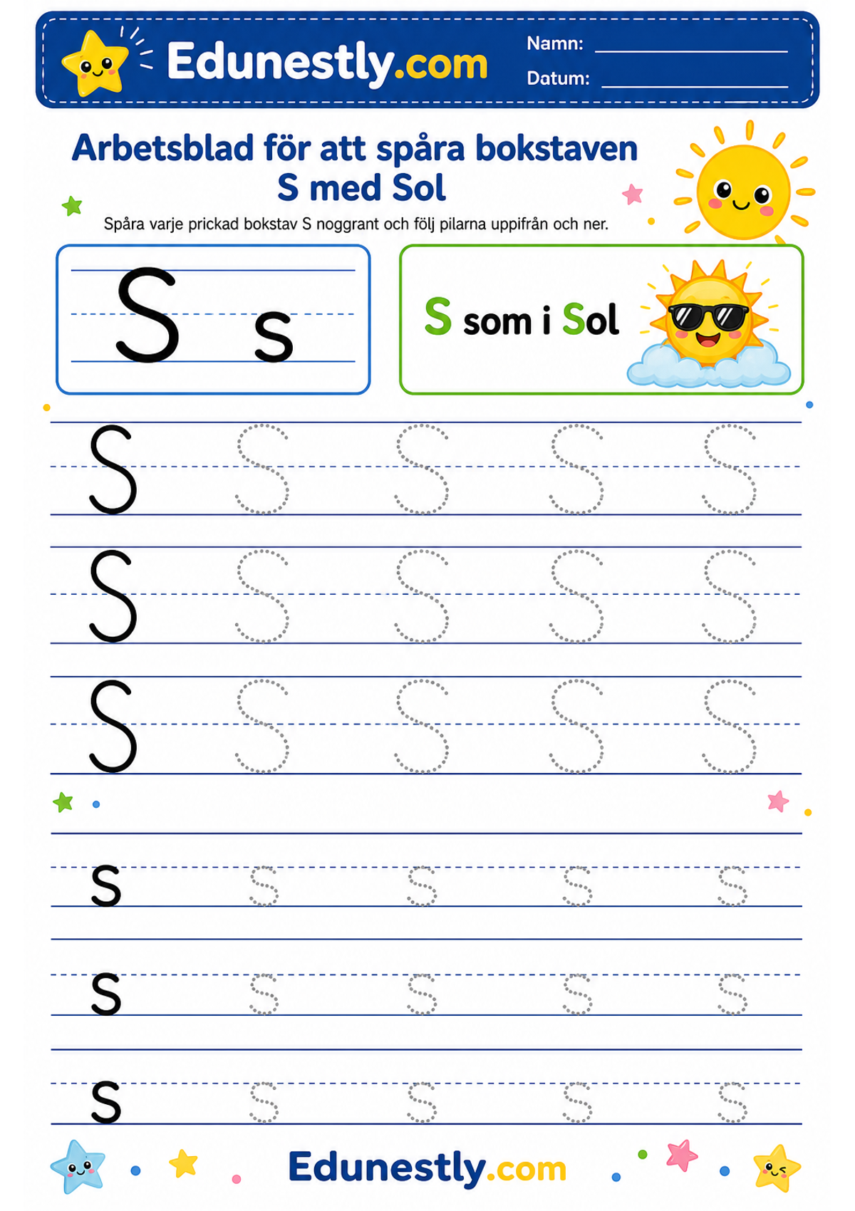 Arbetsblad för att spåra bokstaven S med Sol