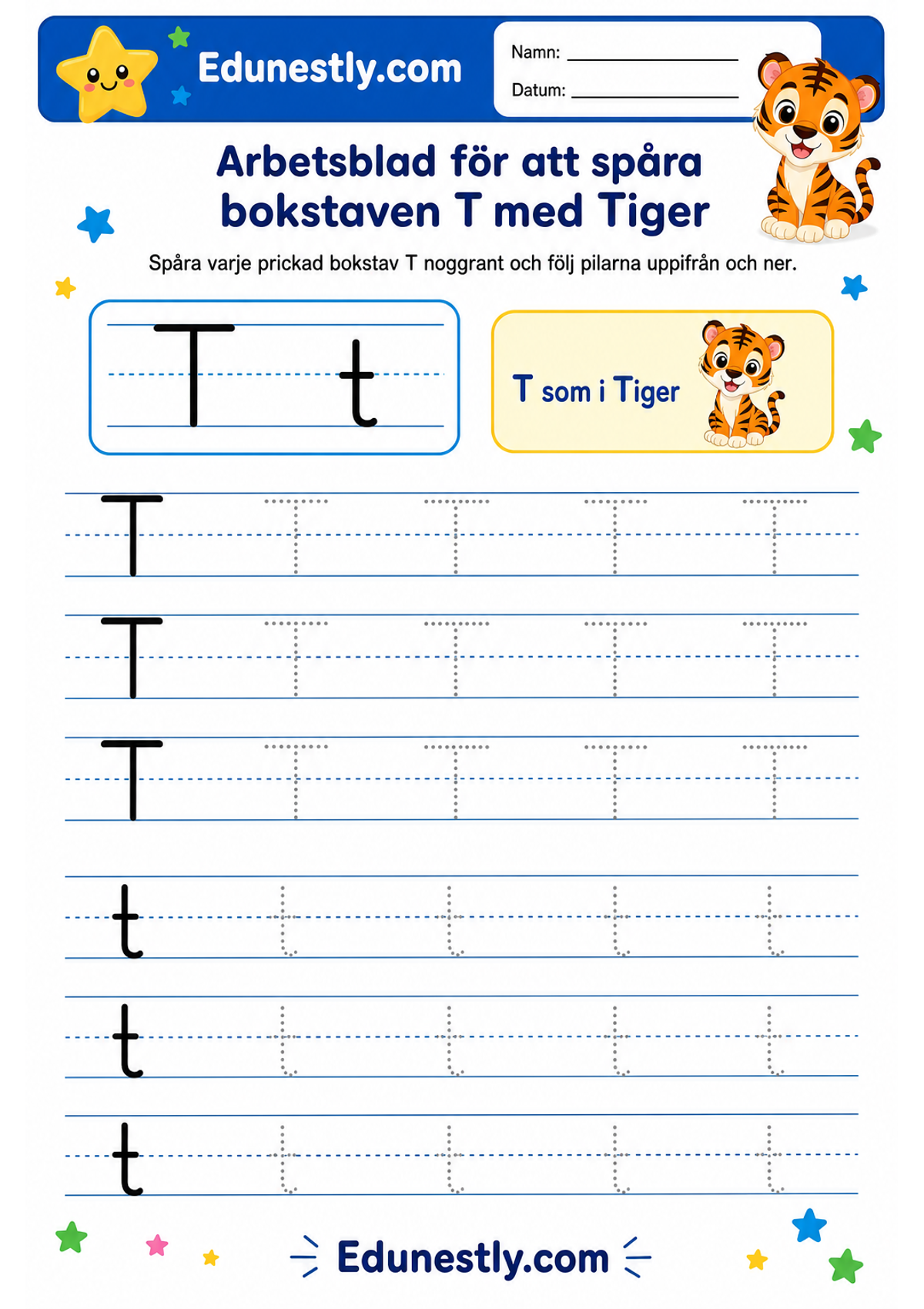 Arbetsblad för att spåra bokstaven T med Tiger