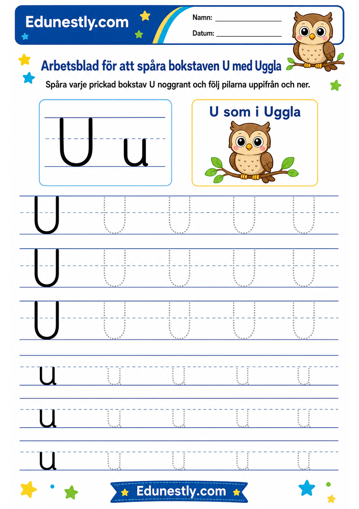 Arbetsblad för att spåra bokstaven U med Uggla