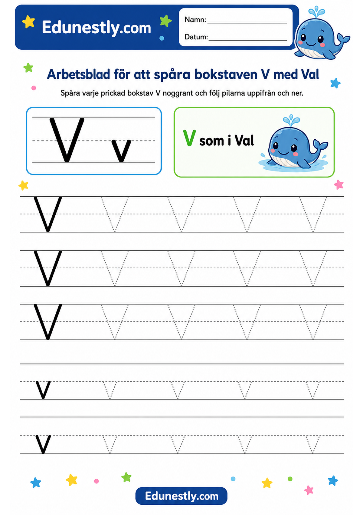 Arbetsblad för att spåra bokstaven V med Val