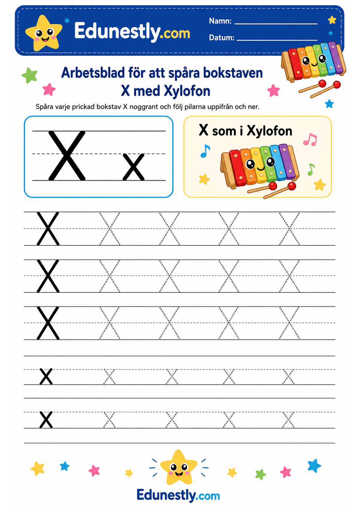 Arbetsblad för att spåra bokstaven X med Xylofon