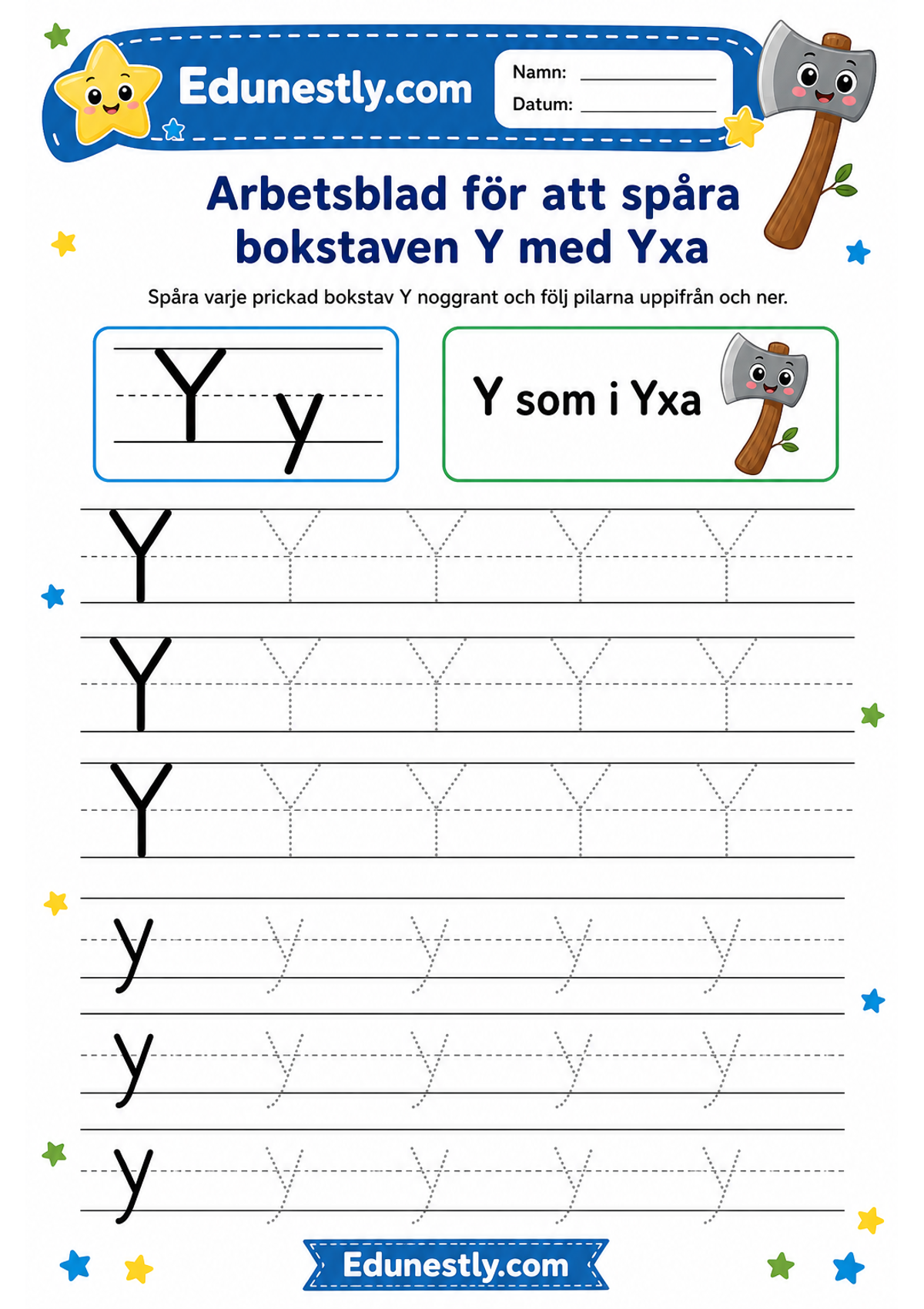 Arbetsblad för att spåra bokstaven Y med Yxa