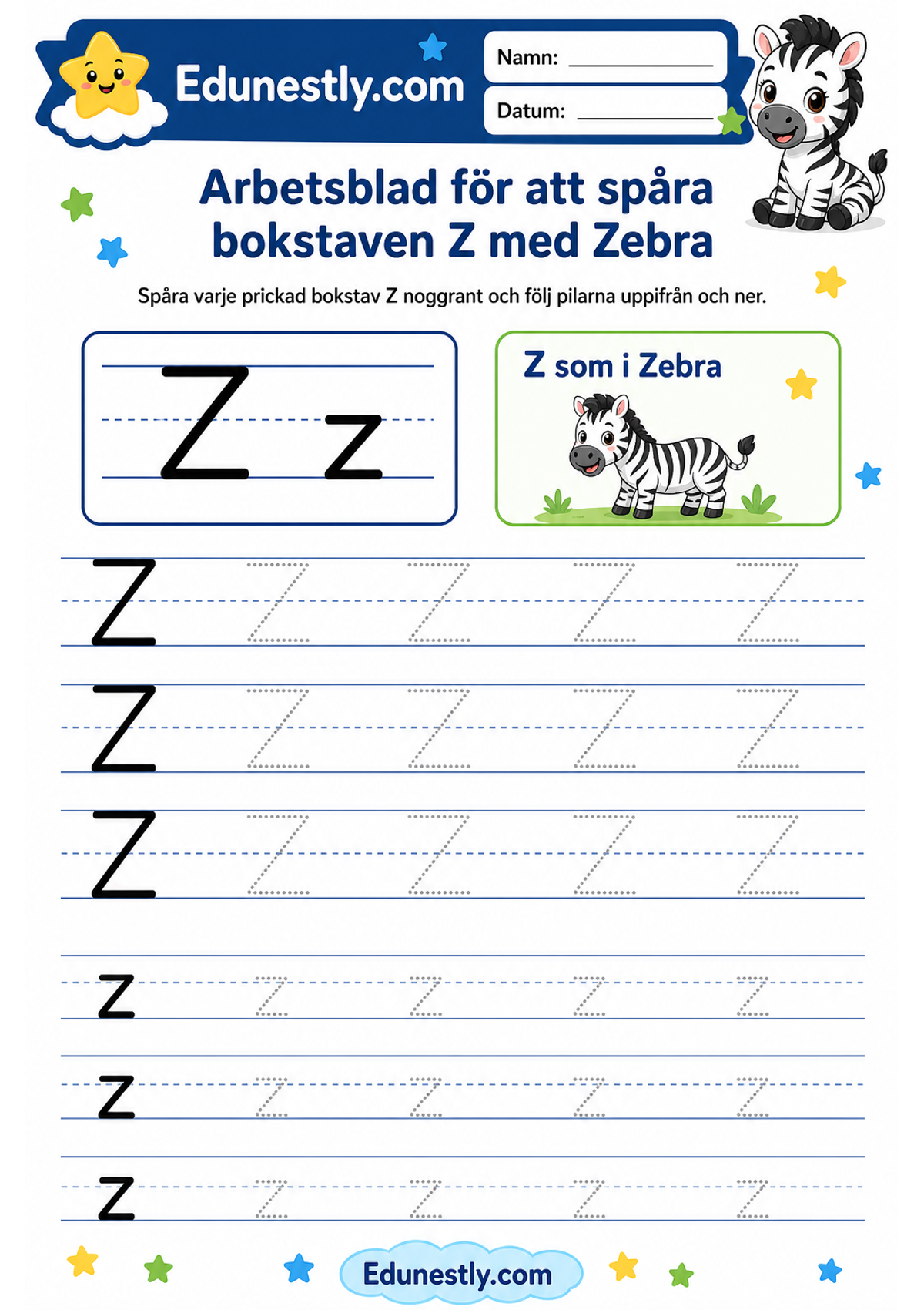 Arbetsblad för att spåra bokstaven Z med Zebra