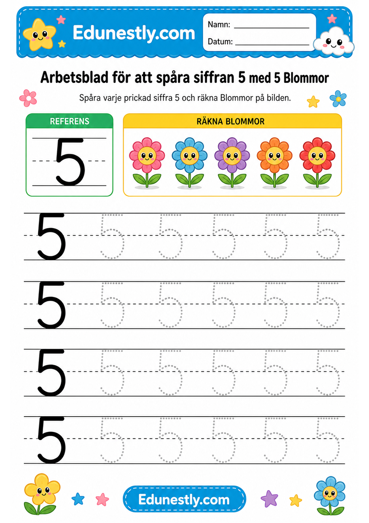 Arbetsblad för att spåra siffran 5 med 5 Blommor