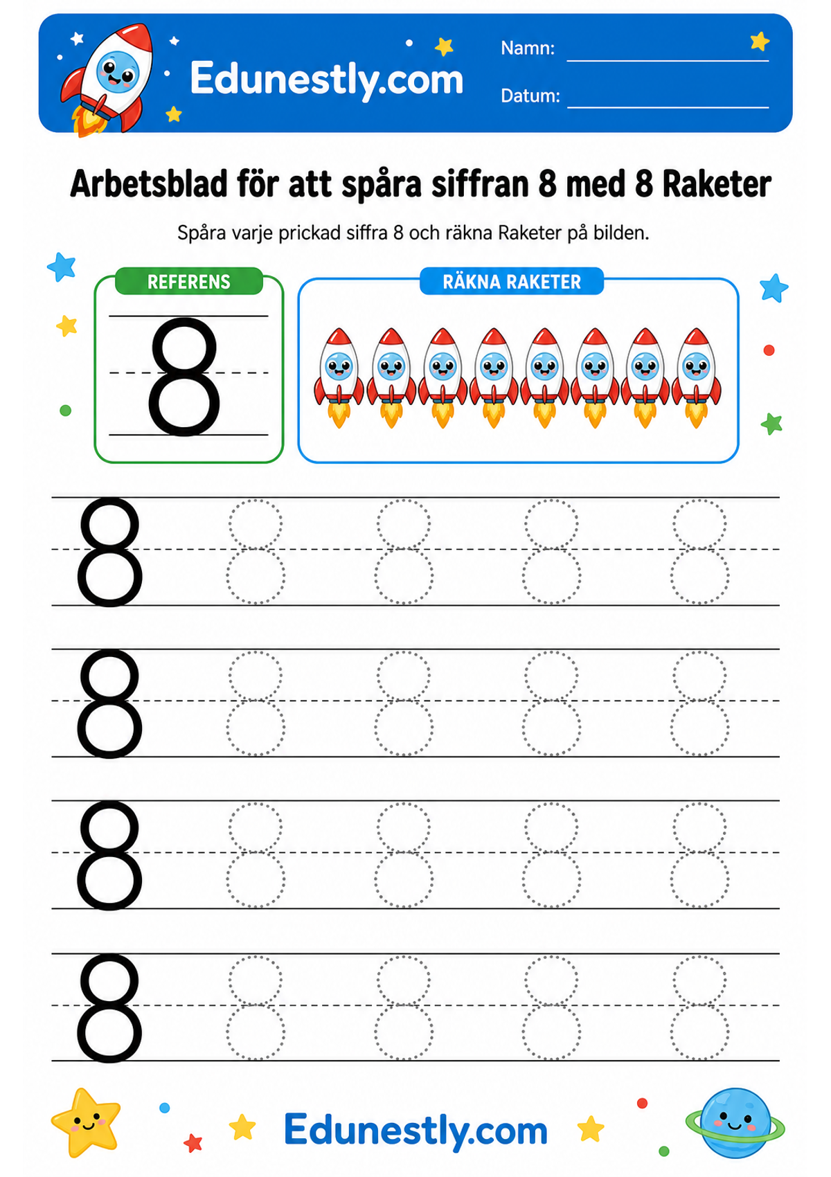 Arbetsblad för att spåra siffran 8 med 8 Raketer