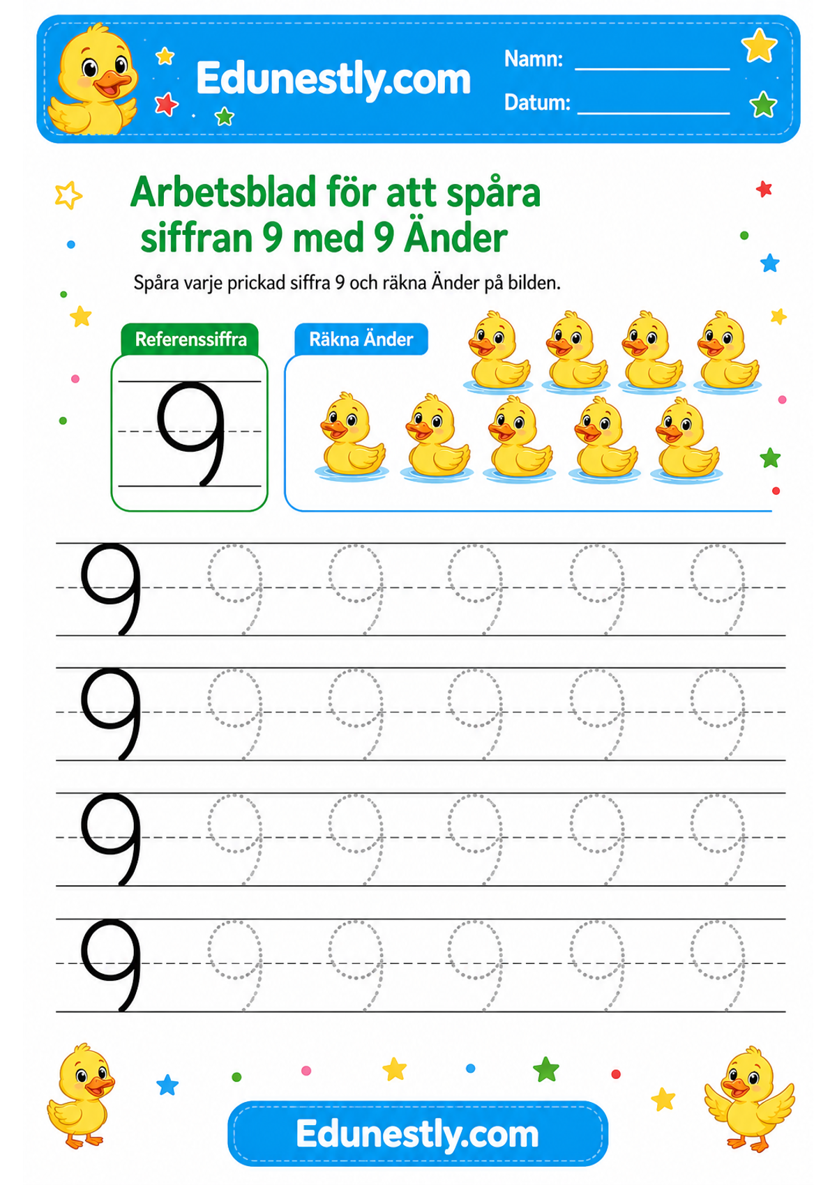 Arbetsblad för att spåra siffran 9 med 9 Änder