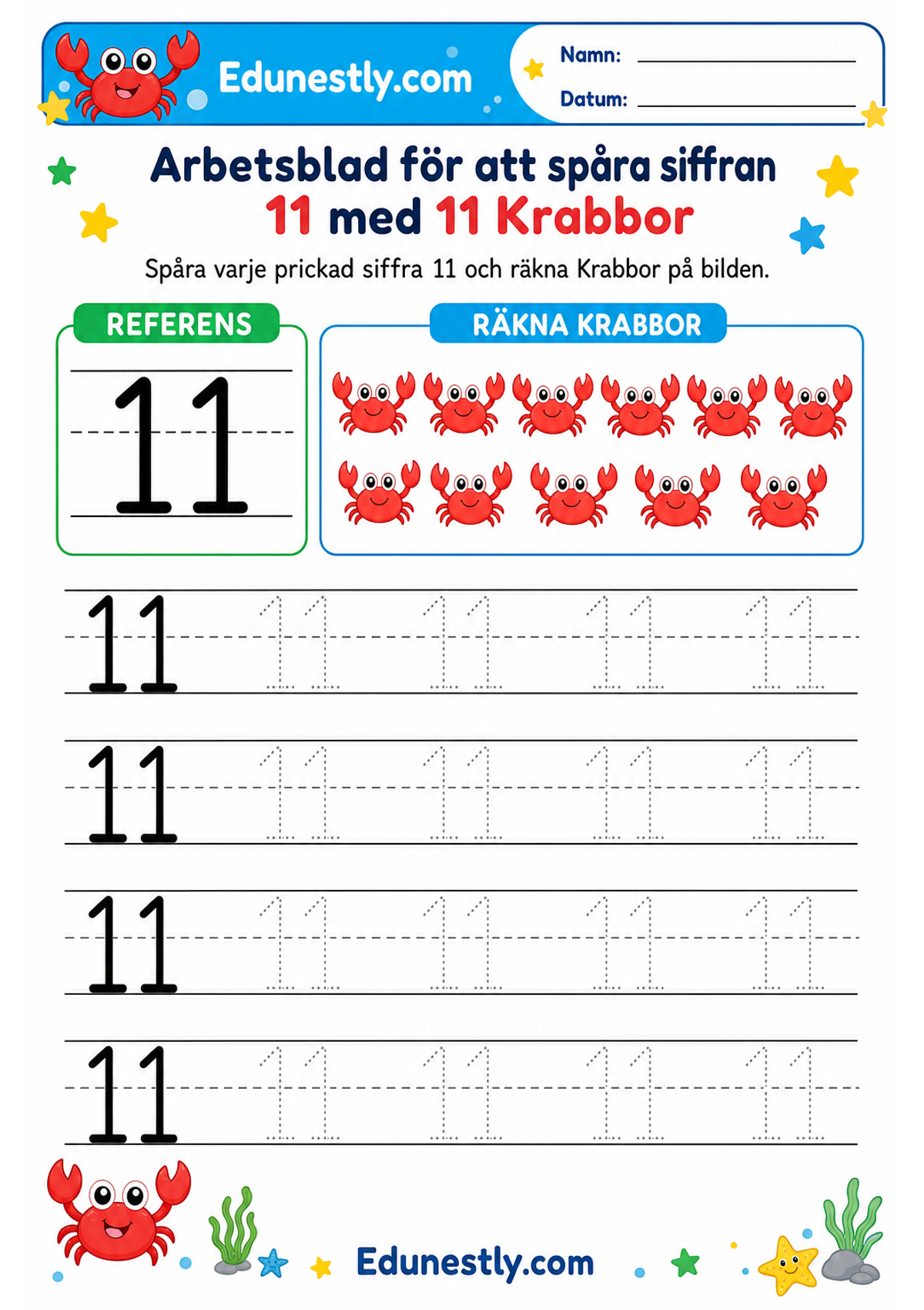Arbetsblad för att spåra siffran 11 med 11 Krabbor