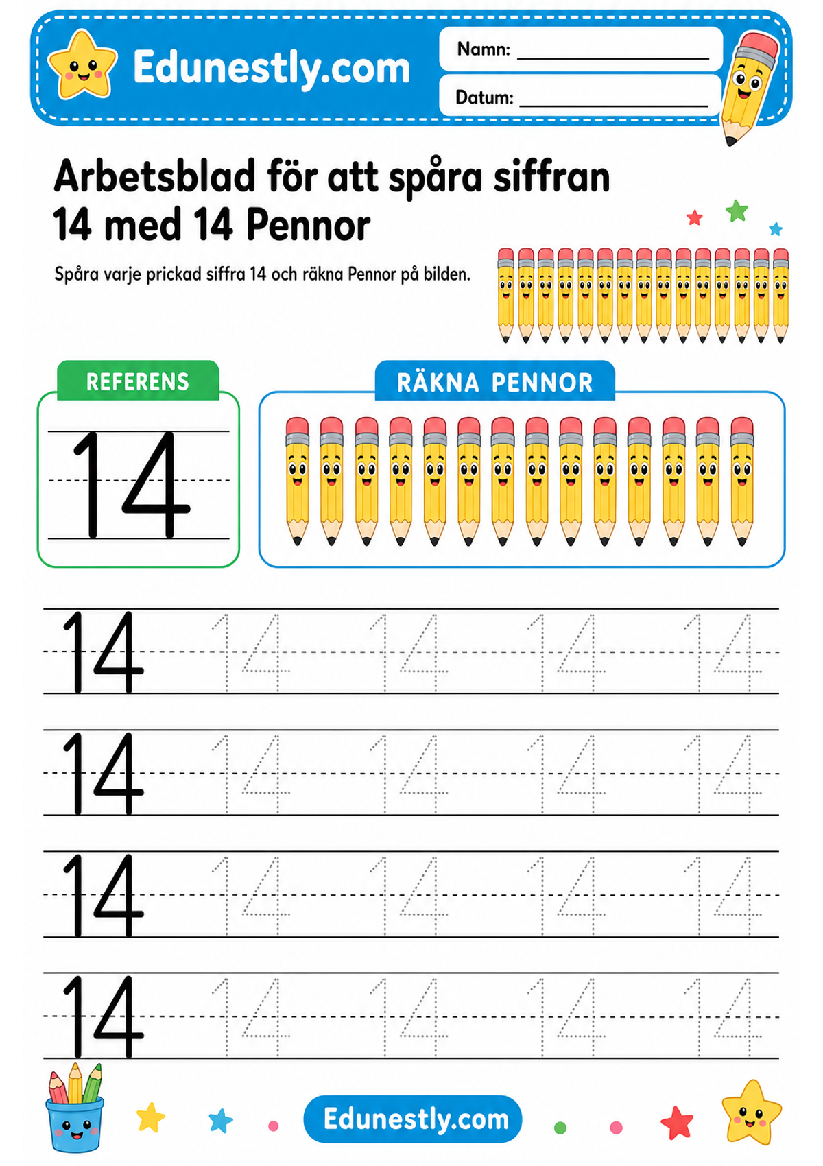 Arbetsblad för att spåra siffran 14 med 14 Pennor
