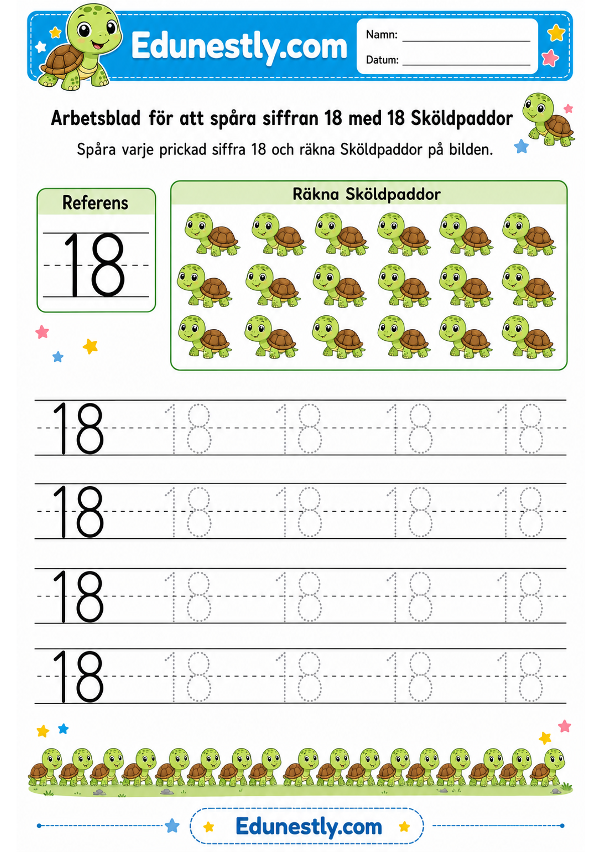 Arbetsblad för att spåra siffran 18 med 18 Sköldpaddor