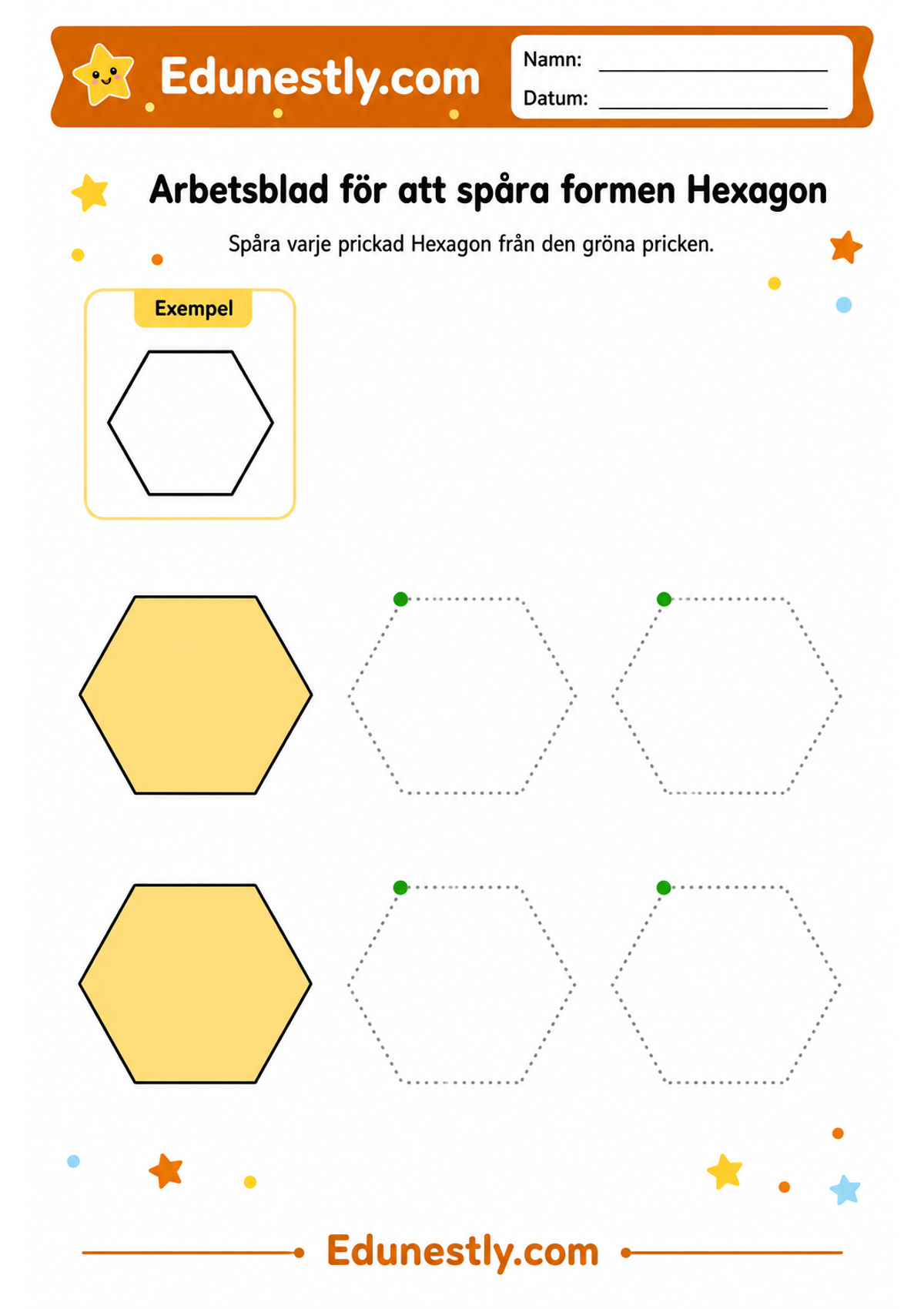 Arbetsblad för att spåra formen Hexagon