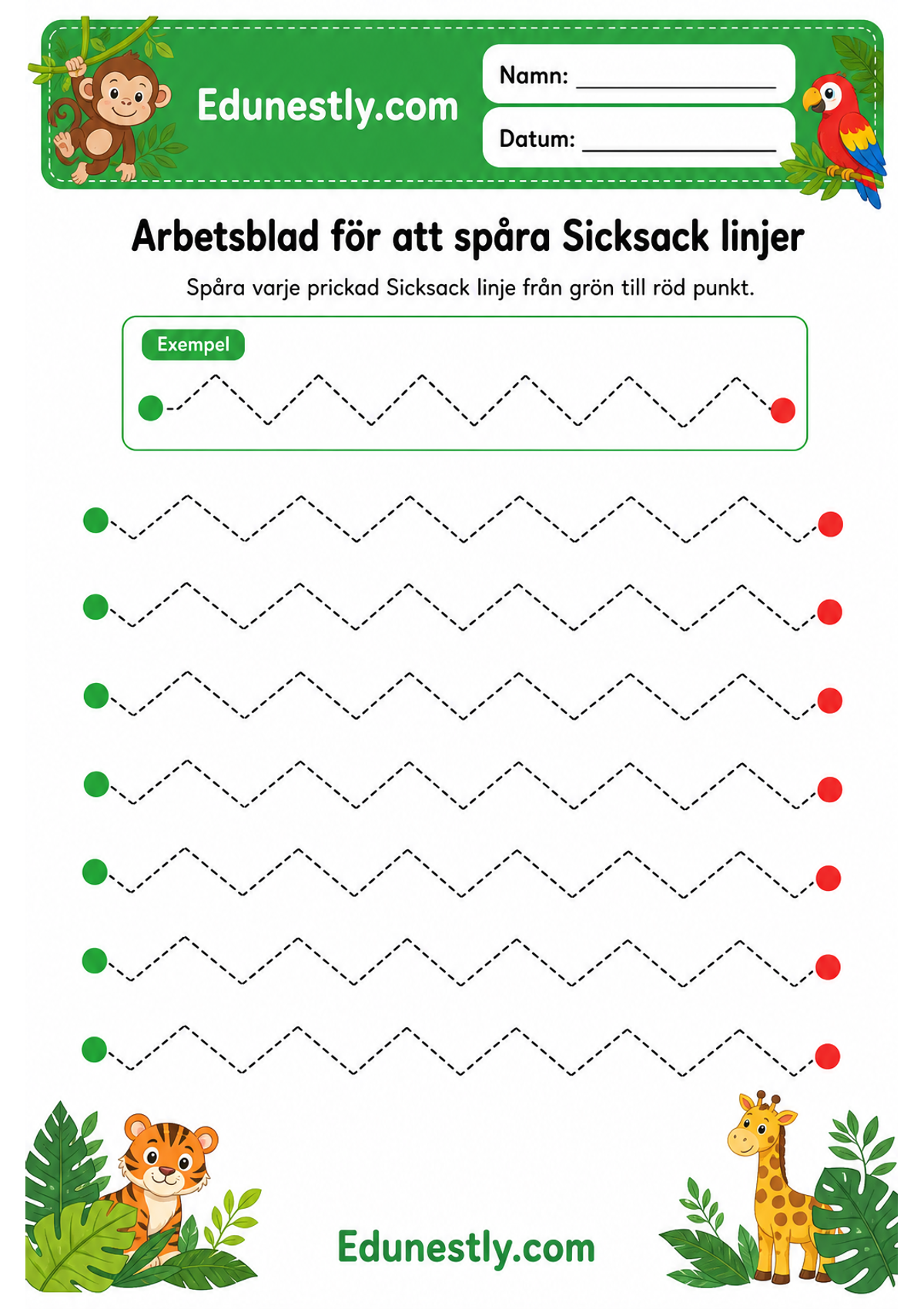 Arbetsblad för att spåra Sicksack linjer